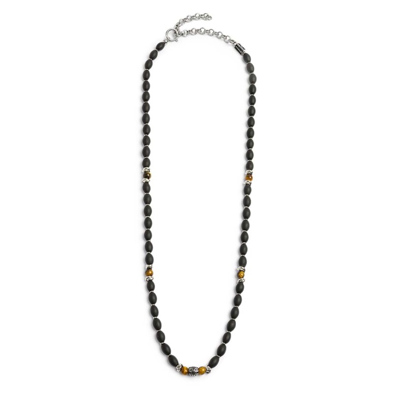 S.STEEL NECKLACE BLACK ONYX AND TIGER EYE S.steel necklace with black onyx rice beads 9*6,30 mm, alternated with s.steel polishe