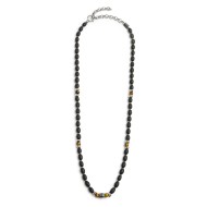 S.STEEL NECKLACE BLACK ONYX AND TIGER EYE S.steel necklace with black onyx rice beads 9*6,30 mm, alternated with s.steel polishe