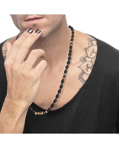 Collana con onice nera ovale e sfere occhio di tigre