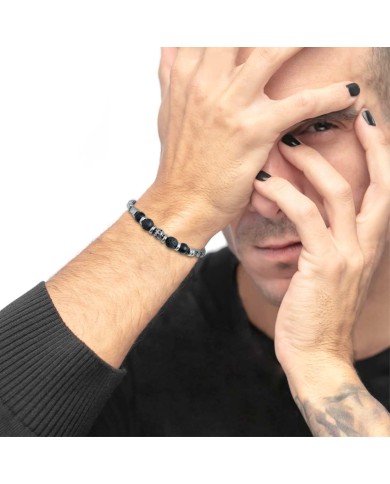 Bracciale catena box con trama con sfere in onice nera e pietra lavica