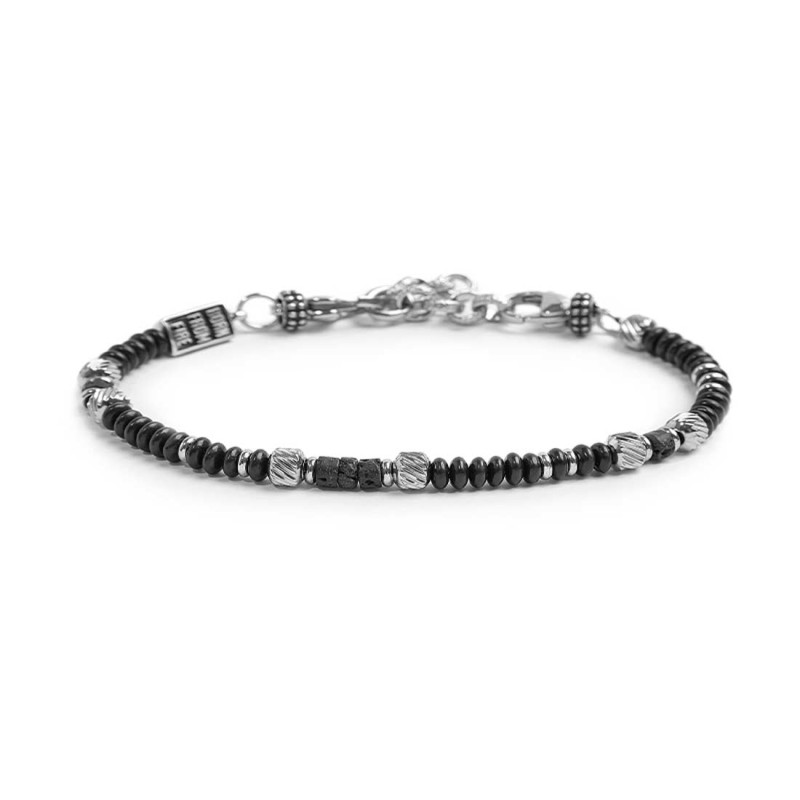 S.STEEL BR WITH ONYX AND LAVA STONE BEADS S.steel bracelet with mat black onyx beads 2,10*4,30 mm alternated with lava stone bea
