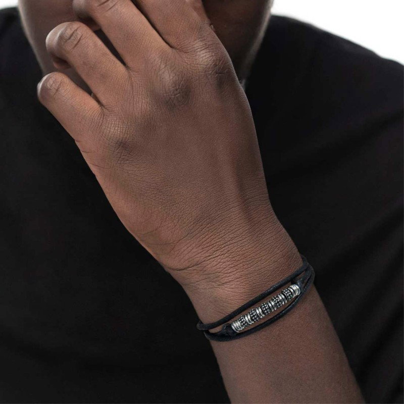 Bracciale a doppio giro con cordino strobel elementi acciaio con trama