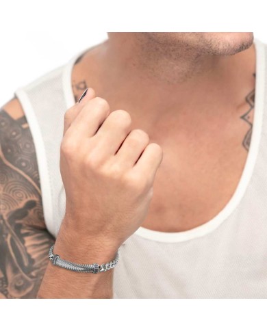 Bracciale catena cuban e catena snake piatta centrale con trama puntinata