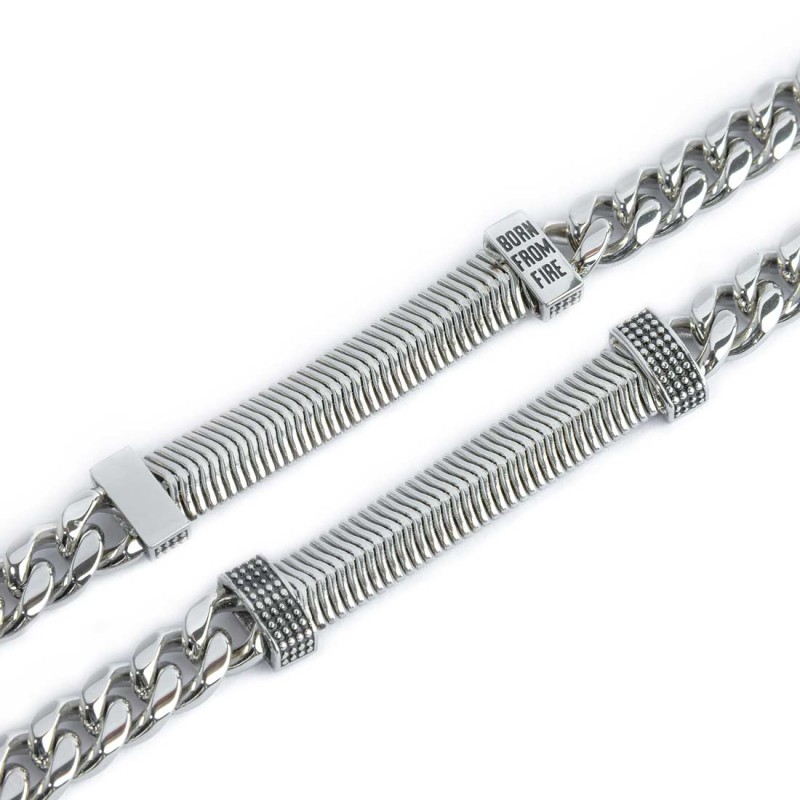 S.STEEL BR CUBAN CHAIN 8MM WITH FLAT SNAKE CHAIN ELEMENT S.steel bracelet cuban chain 7,80 mm width, 2,60 mm thickness. In the c