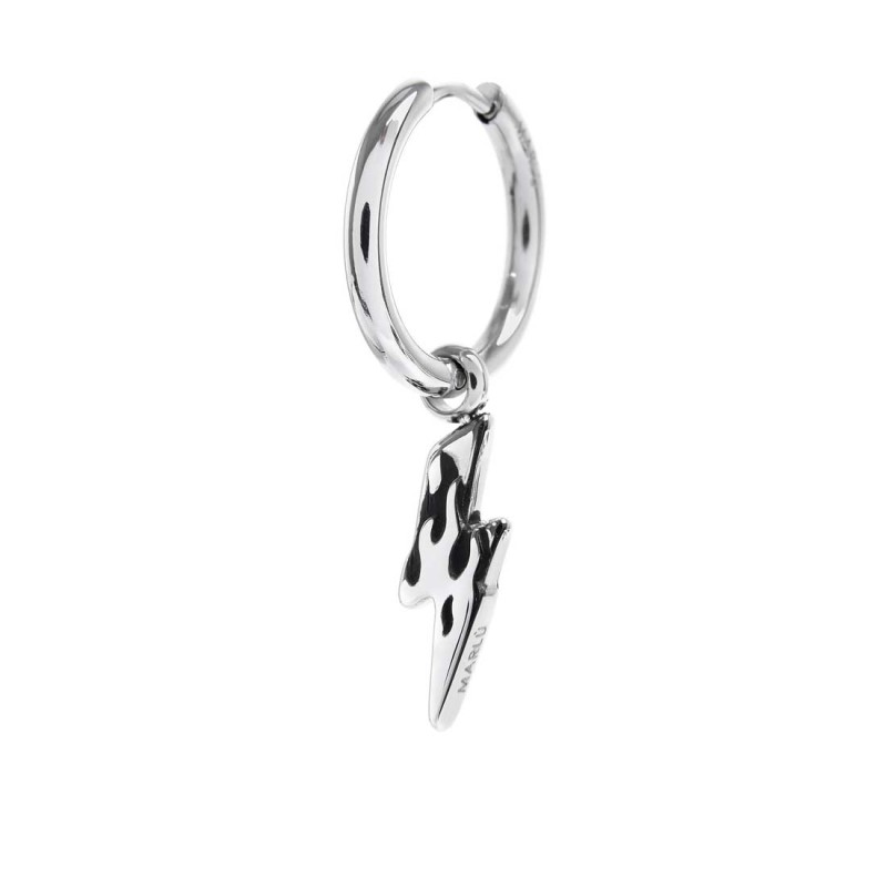 S.S SINGLE ROUND EAR WITH THUNDER PENDANT S.steel single round earring 16,20 mm diameter 2 mm thickness, Marlù lasered logo on