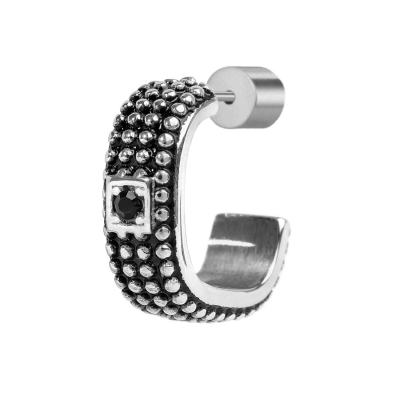 S.S. SINGLE EARRING DOTS AND BLACK CRYSTAL S.steel single hoop earring with dots texture by casting and mat black oil 4,40*11,22