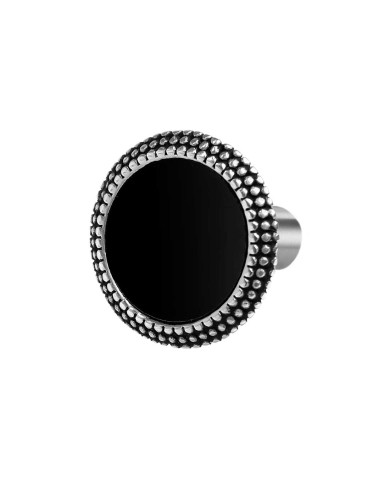 Orecchino a lobo tondo centro smalto nero con bordo trama puntinata