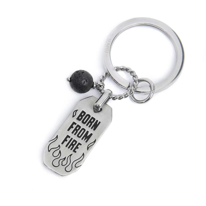 S.STEEL KEYRING PLATE AND LAVA STONE PENDANT S.steel keyring 30 mm diameter, 2,70 mm width, 2,70 mm thickness, lasered Marlù lo