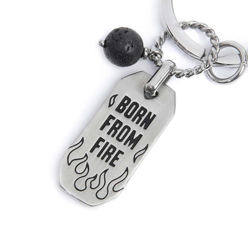 S.STEEL KEYRING PLATE AND LAVA STONE PENDANT S.steel keyring 30 mm diameter, 2,70 mm width, 2,70 mm thickness, lasered Marlù lo