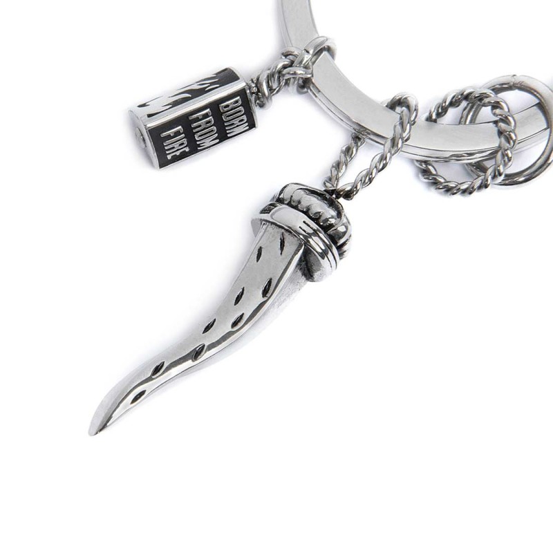 S.STEEL KEYRING HORN PENDANT S.steel keyring 30 mm diameter, 2,70 mm width, 2,70 mm thickness, lasered Marlù logo on the side.