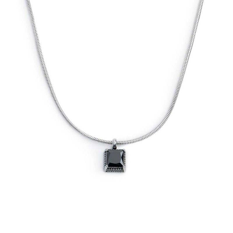 S.S. NECKLACE WITH SQUARED SNAKE CHAIN AND CZ STONE PEND S.steel necklace with squared snake chain 1,20 mm width. Squared pendan