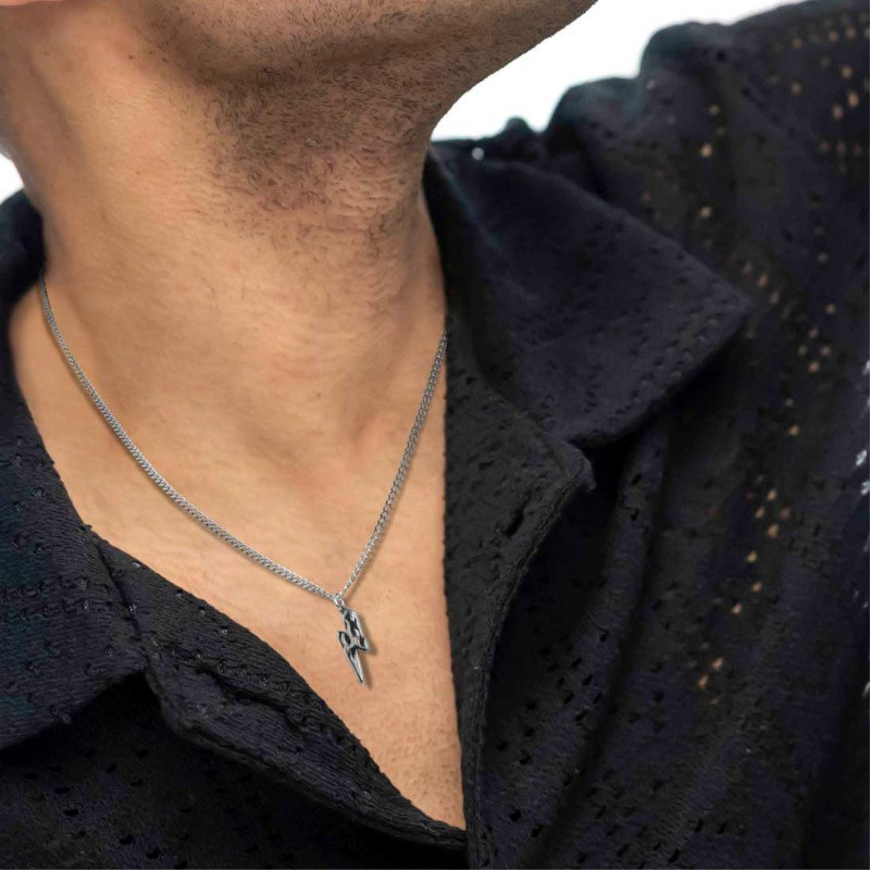 S.STEEL NECKLACE GRUMETTA CHAIN WITH THUNDER PENDANT S.steel necklace with grumetta chain 2 mm width, 1 mm thickness. Pendant th