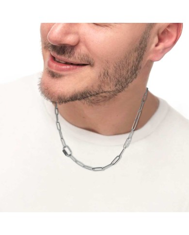 Collana catena maglia larga diamantata con elemento ovale al centro in black oil