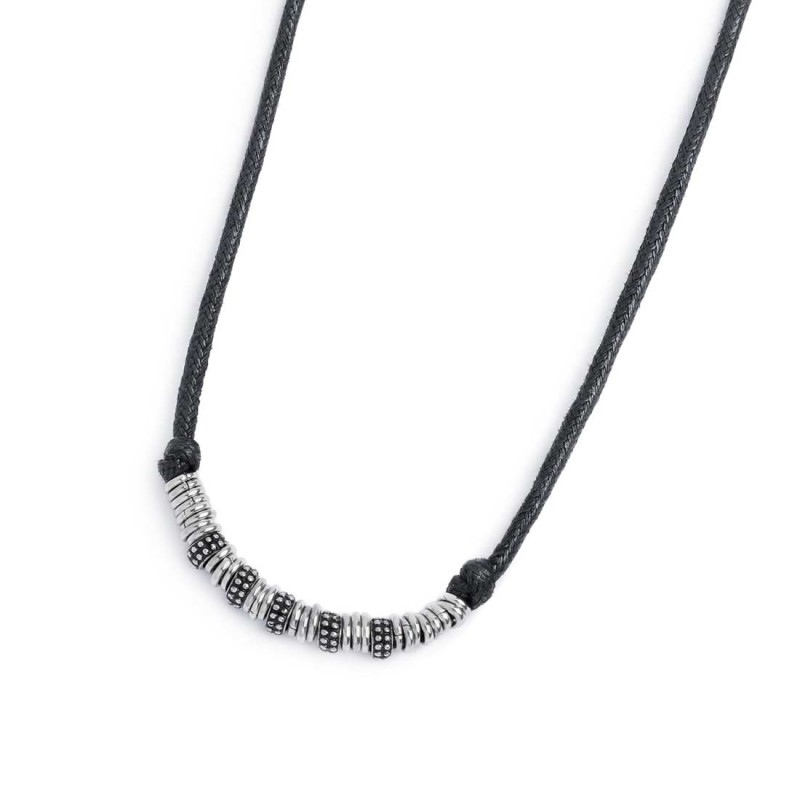 Collana cordino strobel elementi in acciaio con trama puntinata in black oil