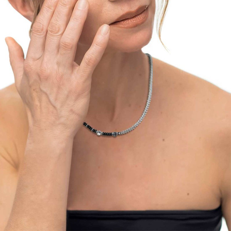 S.STEEL NECKLACE FISHBONE CHAIN WITH ONYX AND LAVA STONE S.steel necklace one half part with fishbone chain 3,50 mm width, 3 mm