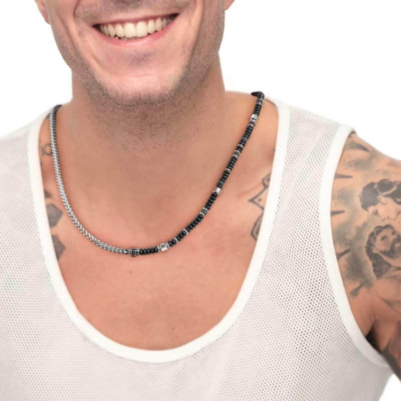 S.STEEL NECKLACE FISHBONE CHAIN WITH ONYX AND LAVA STONE S.steel necklace one half part with fishbone chain 3,50 mm width, 3 mm