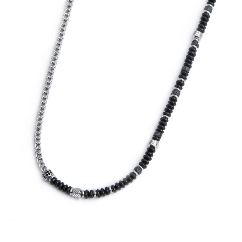 Collana catena fish bone con dischetti di onice nera e pietra lavica