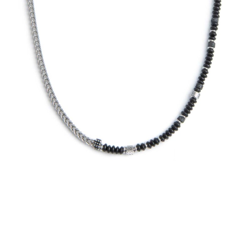S.STEEL NECKLACE FISHBONE CHAIN WITH ONYX AND LAVA STONE S.steel necklace one half part with fishbone chain 3,50 mm width, 3 mm