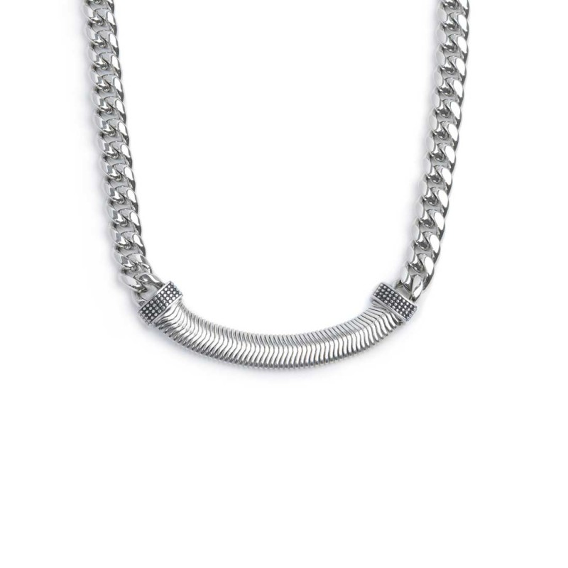S.S NECKLACE CUBAN CHAIN 8MM WITH FLAT SNAKE CHAIN ELEM. S.steel necklace cuban chain 7,80 mm width, 2,60 mm thickness. In the c