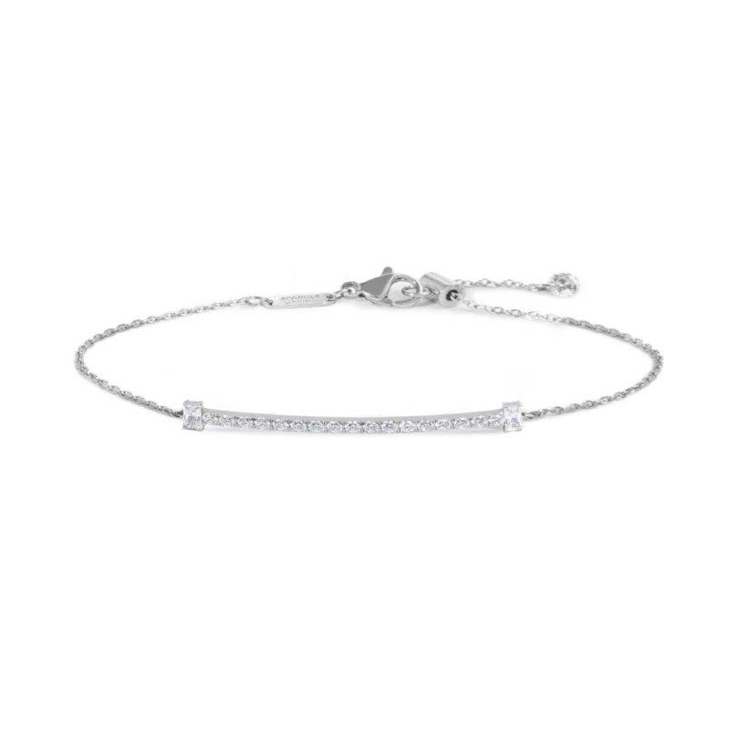 S.STEEL BR WITH WHITE CZ STONE AND BAGUETTE S.steel bracelet with cutting cross chain, 1,20 mm width, 0,26 mm thickness. On the