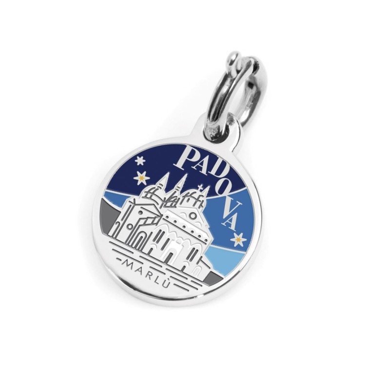 S.STEEL CHARM PADOVA S.steel round charm with Padova city's symbols image, 14 mm diameter. On the front side lettering in black