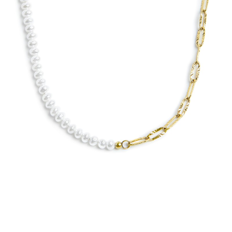 Collana catena figaro e catena con perle bianche irregolari