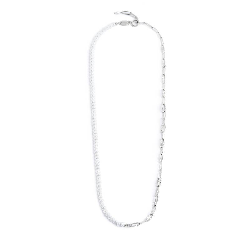 Collana catena figaro e catena con perle bianche irregolari