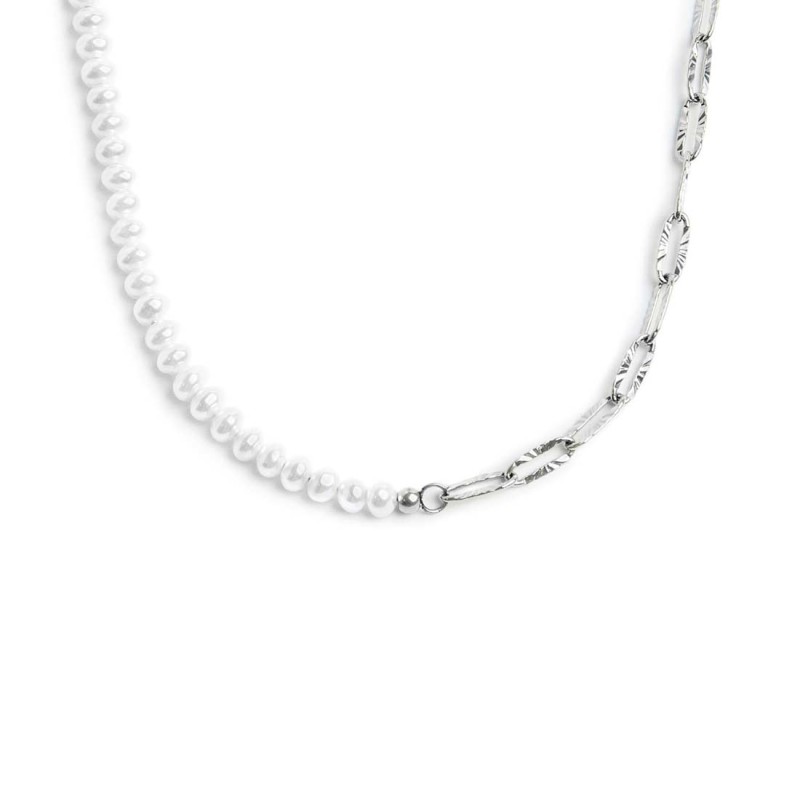 Collana catena figaro e catena con perle bianche irregolari