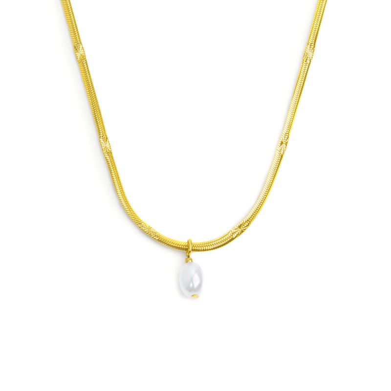Collana catena snake con perla ovale pendente centrale