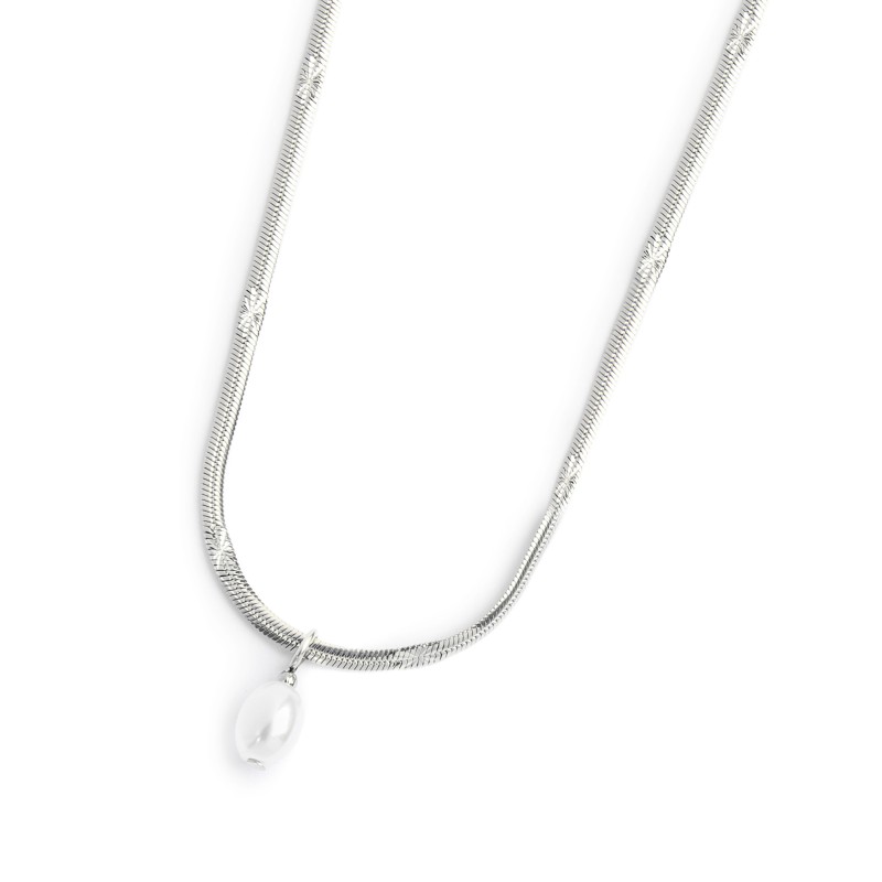 Collana catena snake con perla ovale pendente centrale