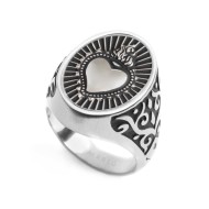 S.STEEL OVAL PLATE WITH SACRED HEART Polished s.steel oval plate 15,30*20 mm, 3 mm thickness, with mat black oil. On the front s