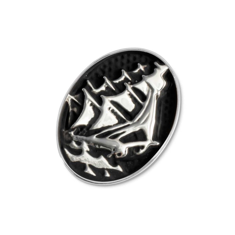 S.STEEL OVAL PLATE SAILING SHIP IN RELIEF Polished s.steel plate 15,30*20 mm with mat black oil, 1,50 mm thickness, on the front