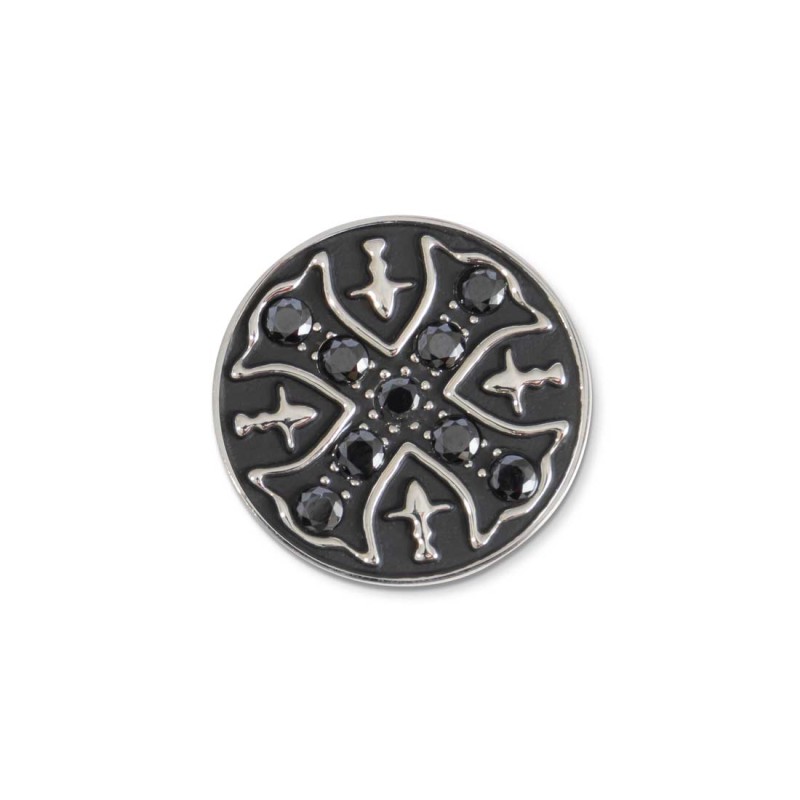 S.STEEL ROUND GOTHIC CROSS PLATE Polished s.steel round plate 16,20 mm diameter, 3,50 mm thickness. On the front side gothic cro