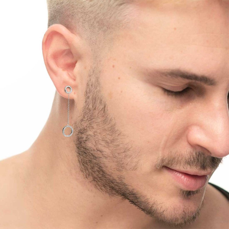 S.S EARRING WITH TWO ROUND ELEMENTS S.steel single earring on the top round element 8,50 mm diameter with round white cz stone 1