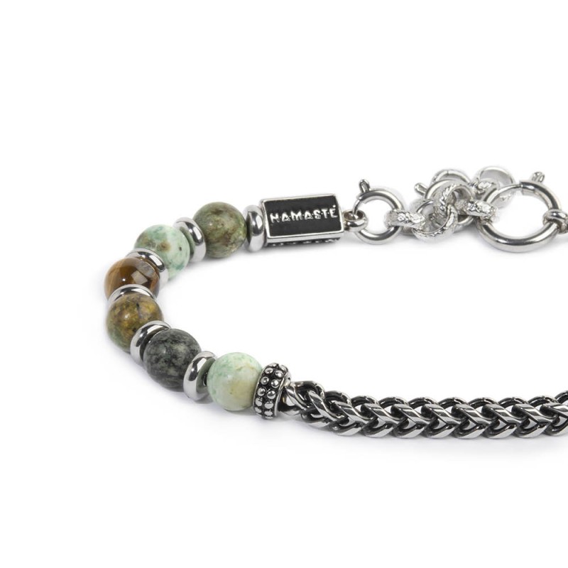 S.STEEL BR AFR. TURQUOISE AND TIGER EYE S.steel bracelet with african turquoise sphere 6,60 mm diameter, alternated with s.steel
