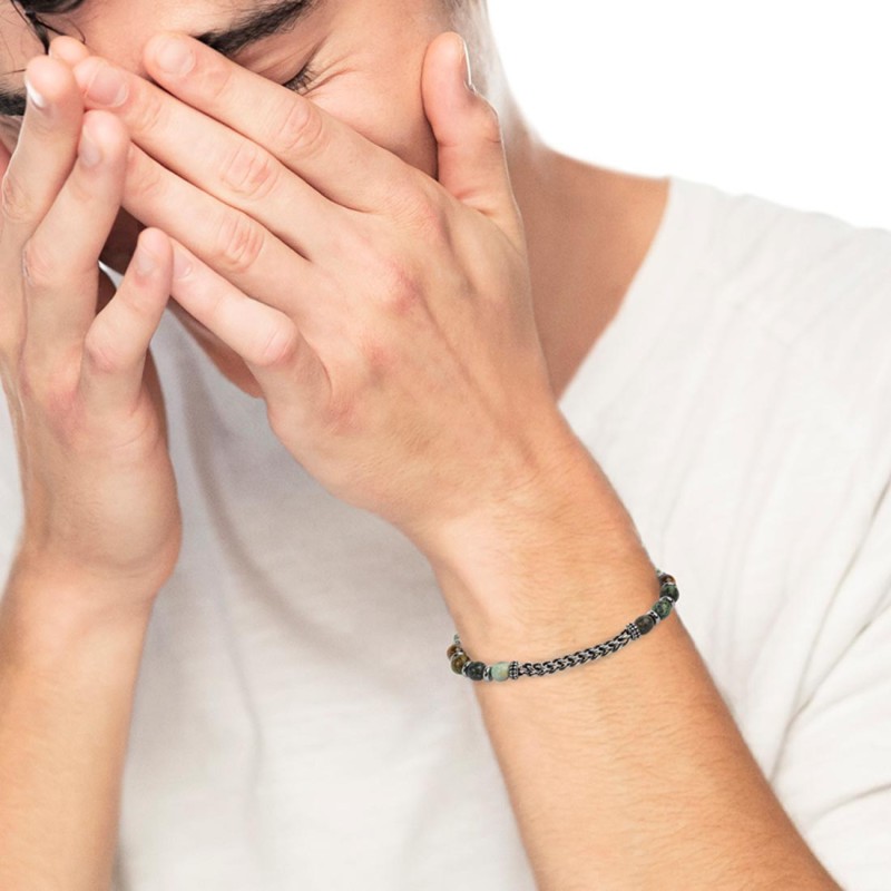 Bracciale sfere in pietra e dischetti acciaio con catena centrale