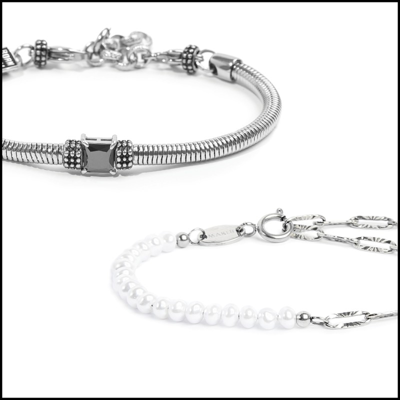 Bracciale con zircone nero centrale e bracciale con perle