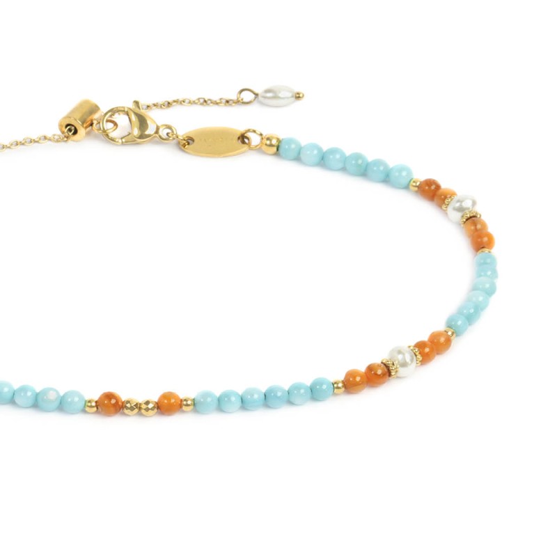 Cavigliera con elementi madreperla colorati e perle bianche irregolari