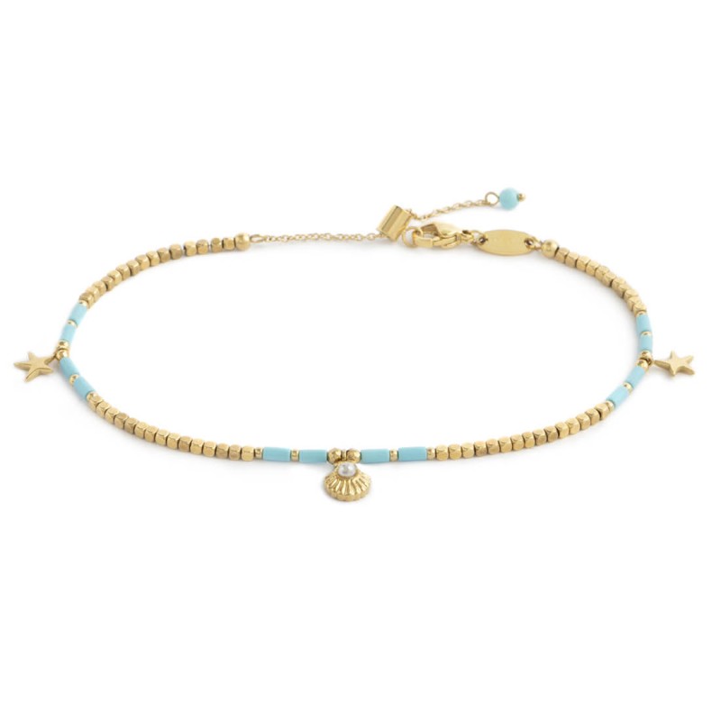 Cavigliera con ematite cubica alternata a perline conchiglia e stelle marine pendenti