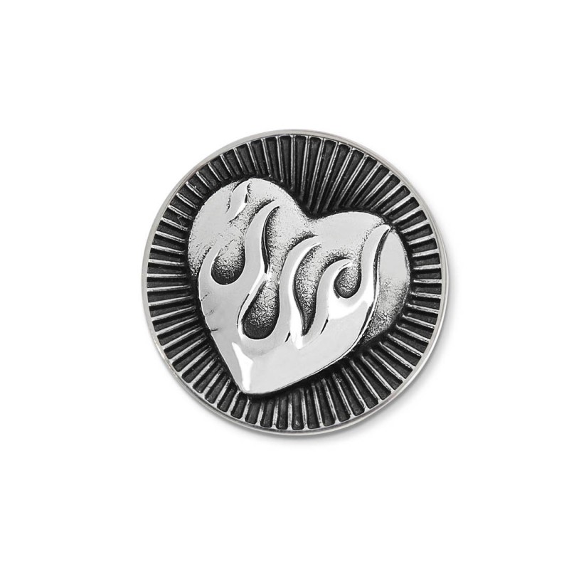 S.STEEL ROUND PLATE WITH HEART WITH FLAMES Polished s.steel round plate by casting 16,10 mm diameter, 1 mm thickness. On the fro