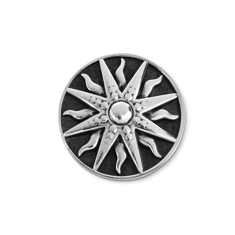 S.STEEL ROUND PLATE WITH SUN Polished s.steel round plate by casting 16,10 mm diameter, 1 mm thickness. On the front side sun po