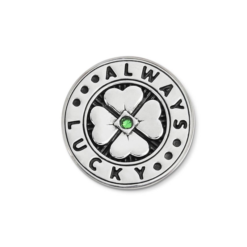 S.STEEL ROUND PLATE WITH FOUR-LEAF CLOVER Polished s.steel round plate by casting 16,10 mm diameter, 1 mm thickness. On the fron