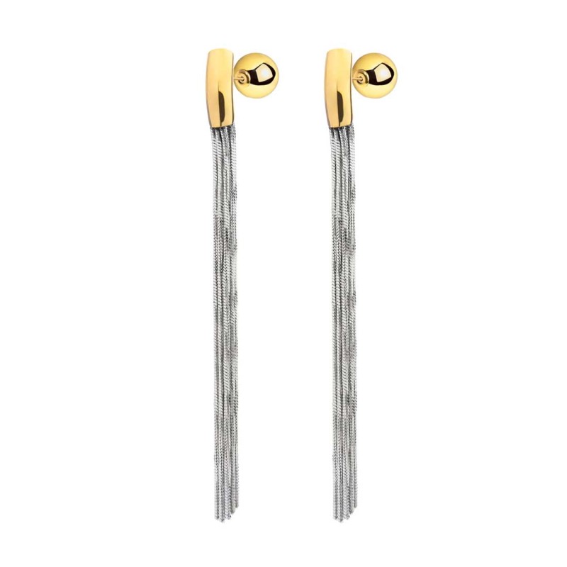 S.STEEL AND S.S.GOLD IP PAIR EAR MULTI-WIRES 8 FACE CUTTING SNAKE CHAIN S.steel pair earrings s.s.gold ip pendant tube with s.st