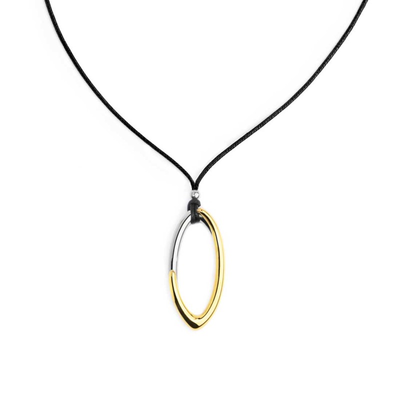 BLACK ROPE NECKLACE S.STEEL AND S.S.GOLD IP OVAL RING PENDANT Black rope necklace 1,20 mm diameter, adjustable by two slipknots,