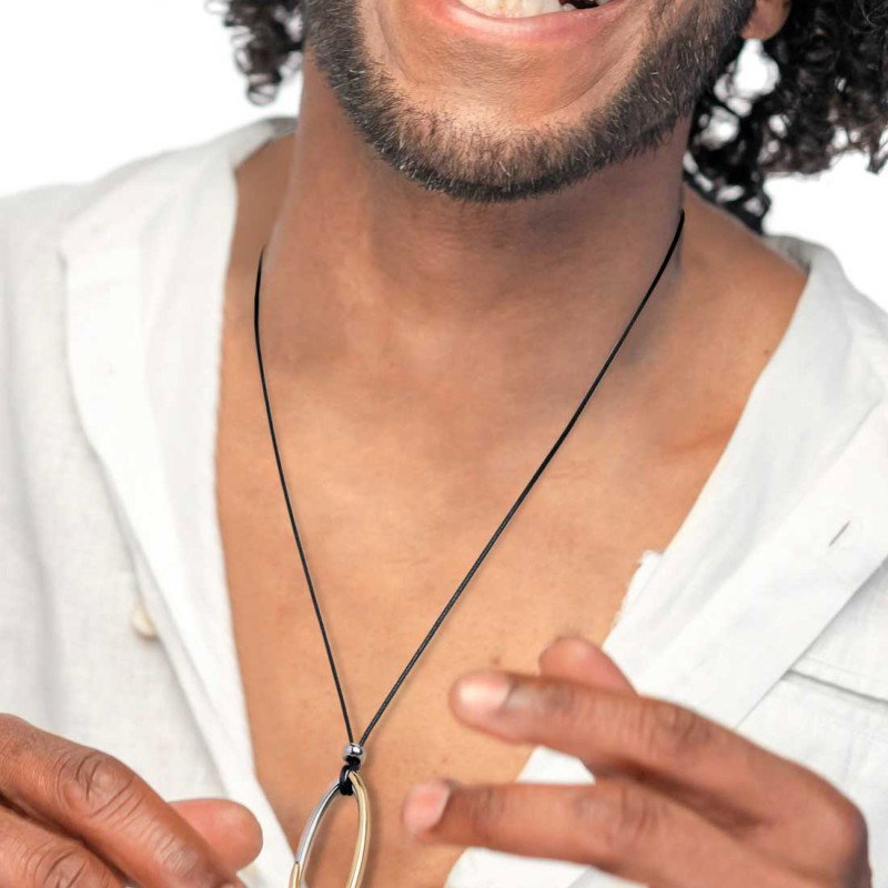 Collana cordino con pendente centrale bicolore ad anello ovale