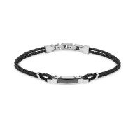 Bracciale pelle nera intrecciata elemento centrale ceramica sfaccettata nera lucida