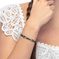 Bracciale pelle nera intrecciata elemento centrale ceramica sfaccettata nera lucida