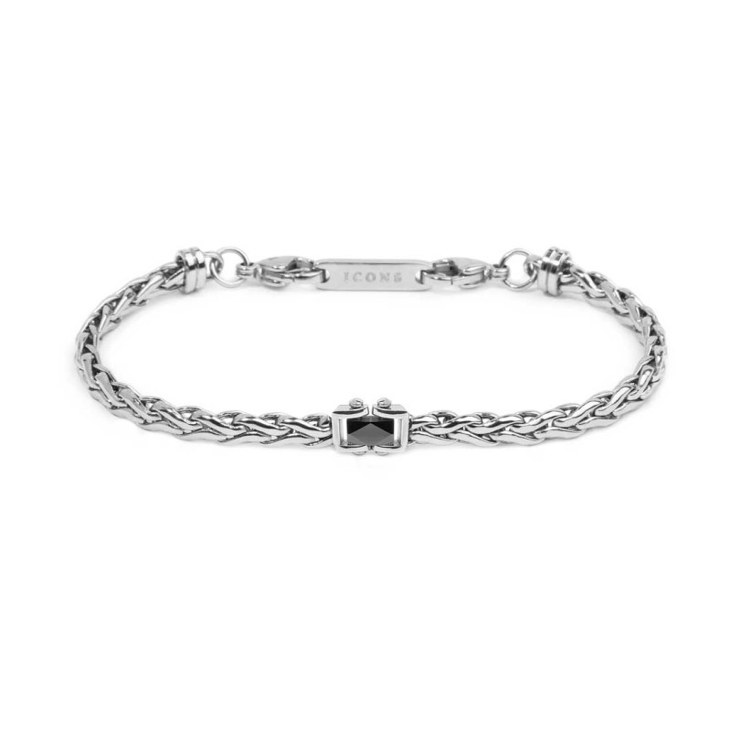 Bracciale catena sonaglio piatta con elemento centrale in ceramica sfaccettata nera lucida