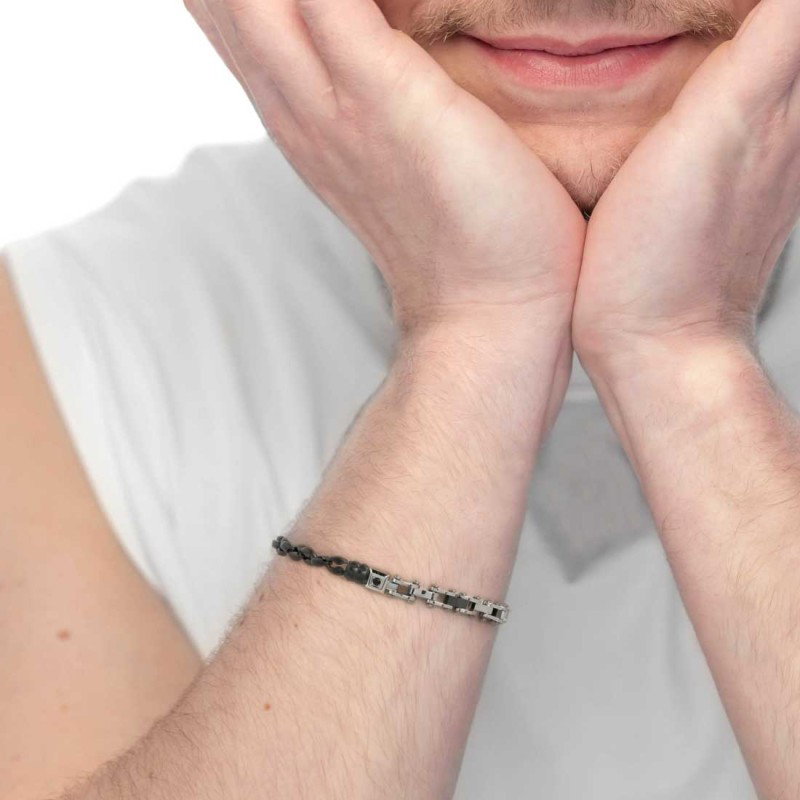 Bracciale catena marine e catena con elementi in acciaio e in ceramica sfaccettata nera lucida