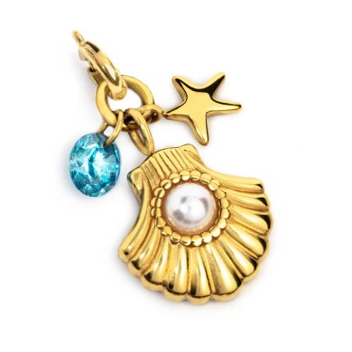CH CONCHIGLIA CON PERLA, STELLA MARINA E CUBIC ZIRCONIA ACQUAMARINA